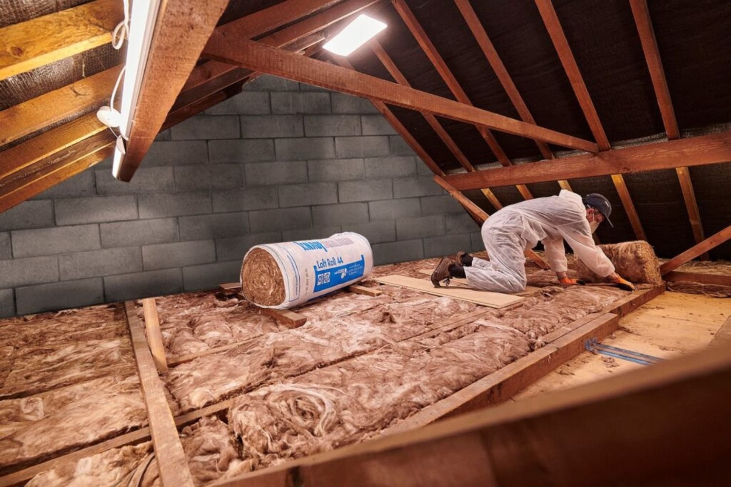 A man installs insulation in an attic, kneeling on the floor surrounded by insulation materials and tools.