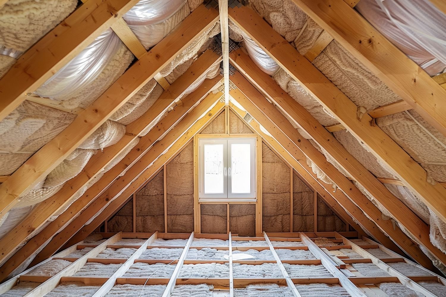 An attic space featuring exposed insulation materials, with wooden beams and a sloped ceiling visible in the background.