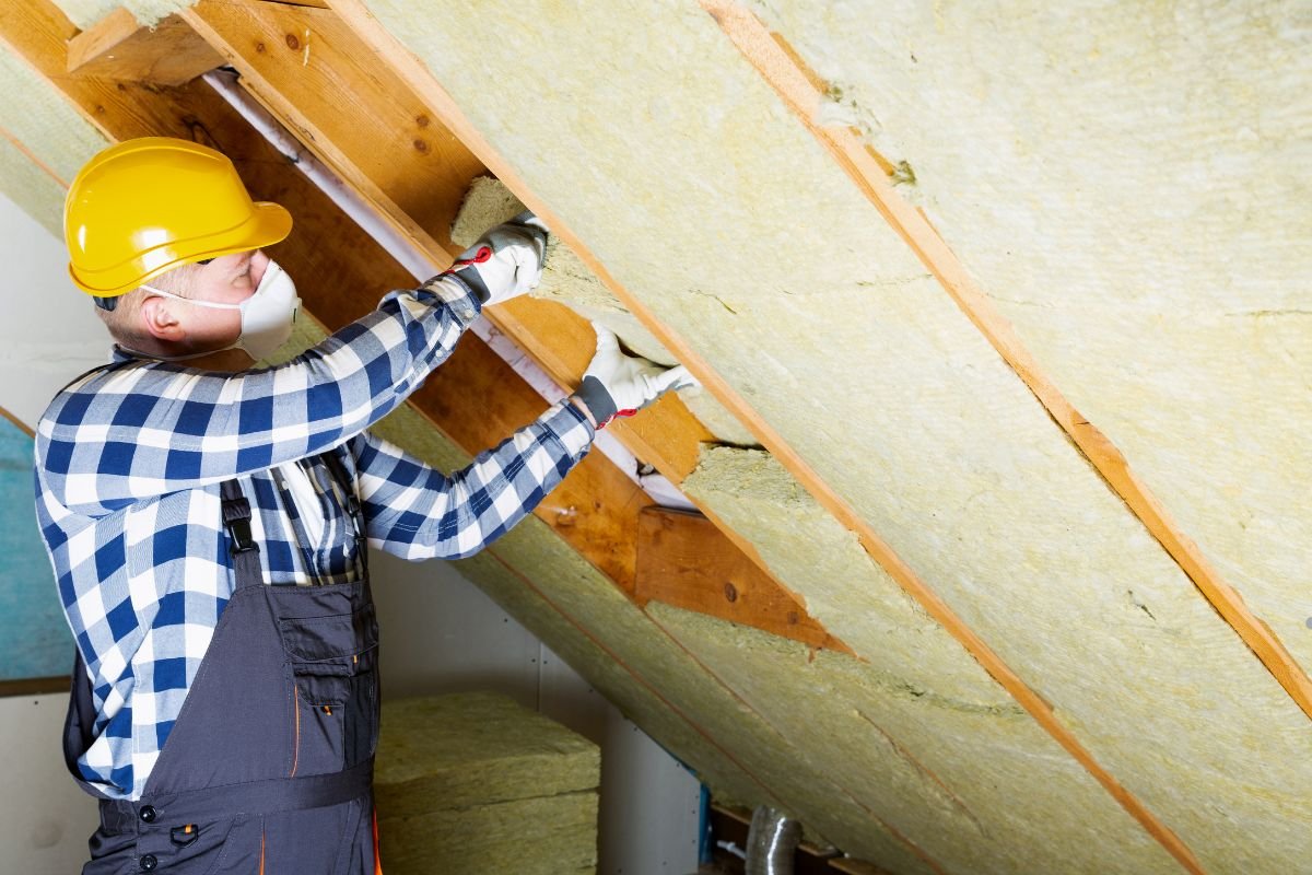A worker in a yellow hard hat and plaid shirt installs insulation in an attic, surrounded by wooden beams and insulation materials.